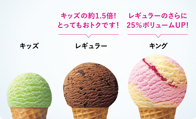 キッズ・レギュラー(キッズの約1.5倍。とってもおトクです!)・キング(レギュラーのさらに25%ボリュームUP!)